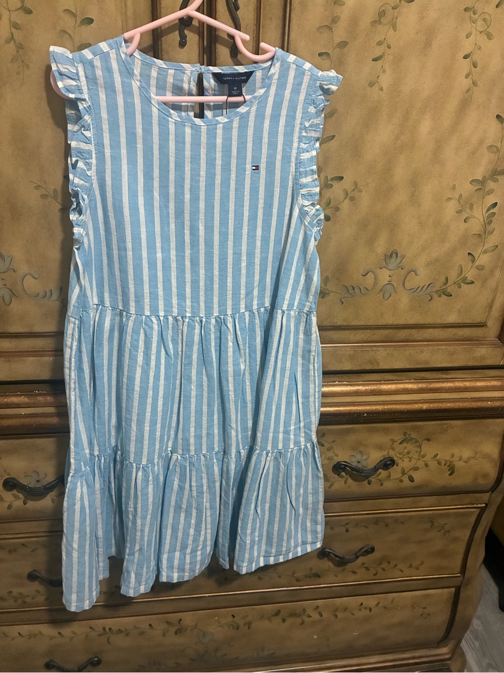 Tommy Hilfiger Light Blue and White Striped Ruffle Tiered Dress